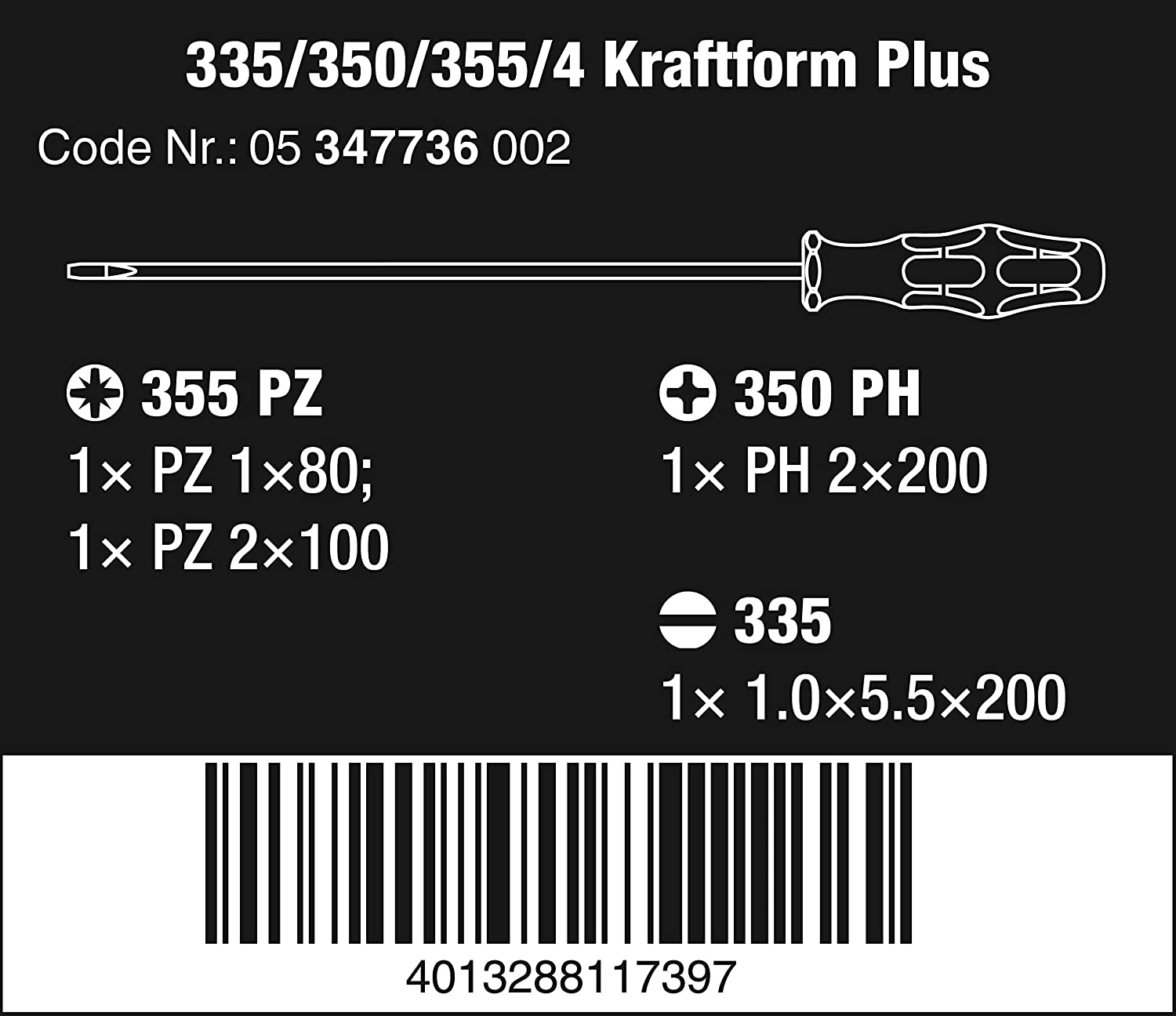 Wera 335/350/355/4 Kraftform Plus Lasertip Screwdriver set, PH/PZ/SL, 4pc, 05347736002, Multi-colour - Image 2