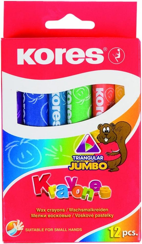 Kores Krayones Wax Crayons, Jumbo Size, Triangular, Box of 12 Assorted Colours, black/blue/brown/green/orange/red/violet/white/yellow, 33141