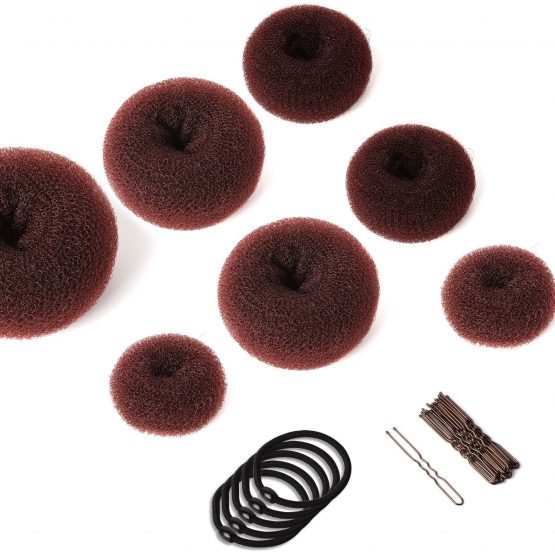 Hair Bun Maker Set 7 Pieces - Ring Style Donut Hair Bun Maker with 5 Elastic Hair Ties, 20 Hair Pins for Chignon Hairstyles, Hair Bun Shaper set for Kids Girls Women (Brown)