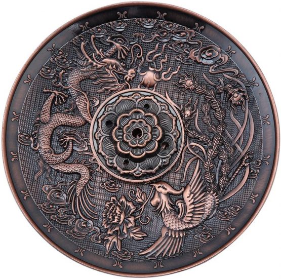 Akozon Incense Burner, Zinc Alloy Incense Stick Burner Holder Dragon Pattern Censer Plate for Bedroom Temple Office (Rotes Kupfer)