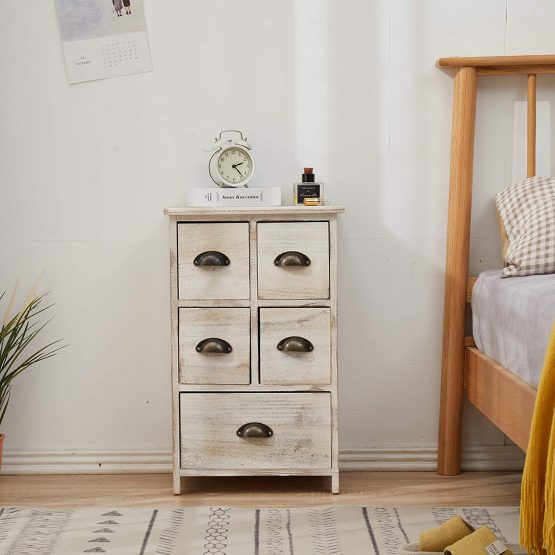 Rebecca Mobili Bedside Table Cabinet Wood shabby White 5 Drawers Bedroom - 66 x 40 x 30 cm (H x W x D) - Art. RE4106 - Image 2