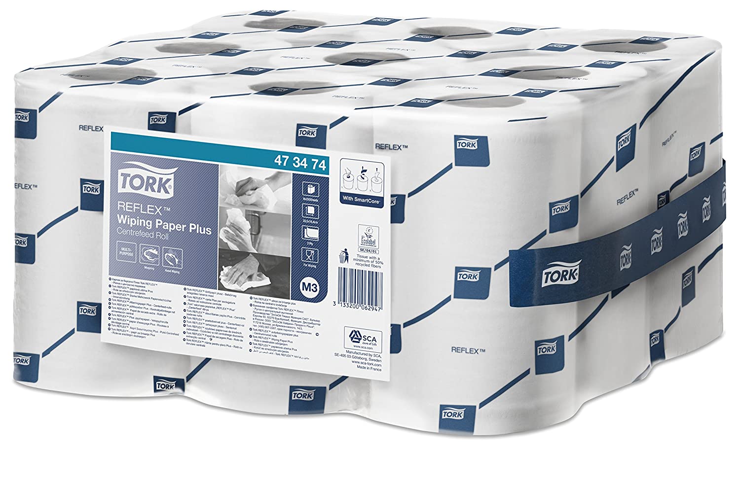 Tork 473474 Reflex Wiping Paper Plus / 2 Ply Absorbent Advanced Paper Roll Suitable for Tork M3 Centrefeed Reflex Mini Roll System / White / 9 x 67m / diameter 12.7cm - Image 3