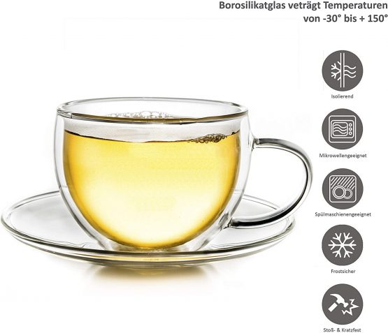 Creano 1x Thermo Cup, Double-Walled Tea / Latte Macchiato / Cappuccino Cup with Coaster | 250 ml - Image 3