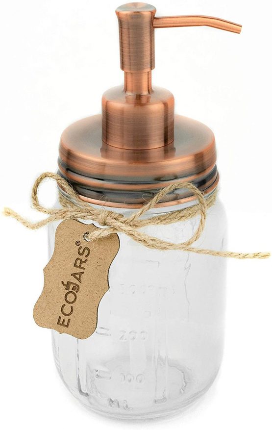 Eco Jars Mason Jar Soap Dispenser, Copper, Rose Gold, Glass, Vintage, Stainless Steel, 500ml, Housewarming Gift Box - Image 2