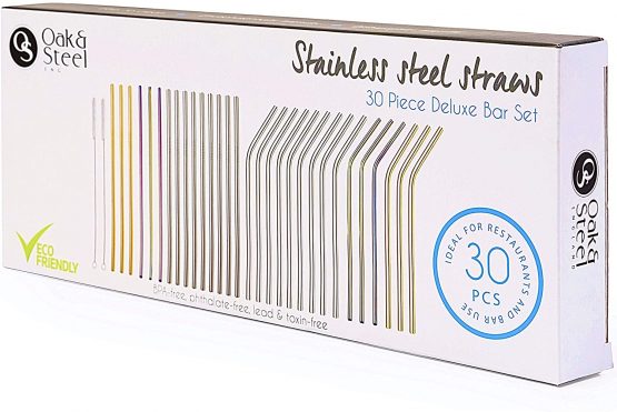 Oak & Steel - 26 Reusable Metal Stainless Steel Straws & 4 Cleaning Brushes