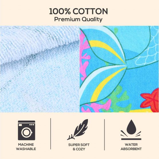 Kato Tirrinia Kids Hooded Poncho Towels, Mermaid Beach Swim Towel for 2 to 7 Years Girls, 100% Cotton Water Absorption Sand Proof Poncho Changing Robe - Image 3