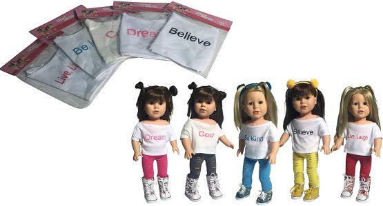 The New York Doll Collection Dolls Solid Printed Cropped Top Set of 5 Inspiration T-Shirts For Fashion Girl Dolls - Fits 18 Inch / 46cm Dolls - Doll Clothing - Doll Accessories