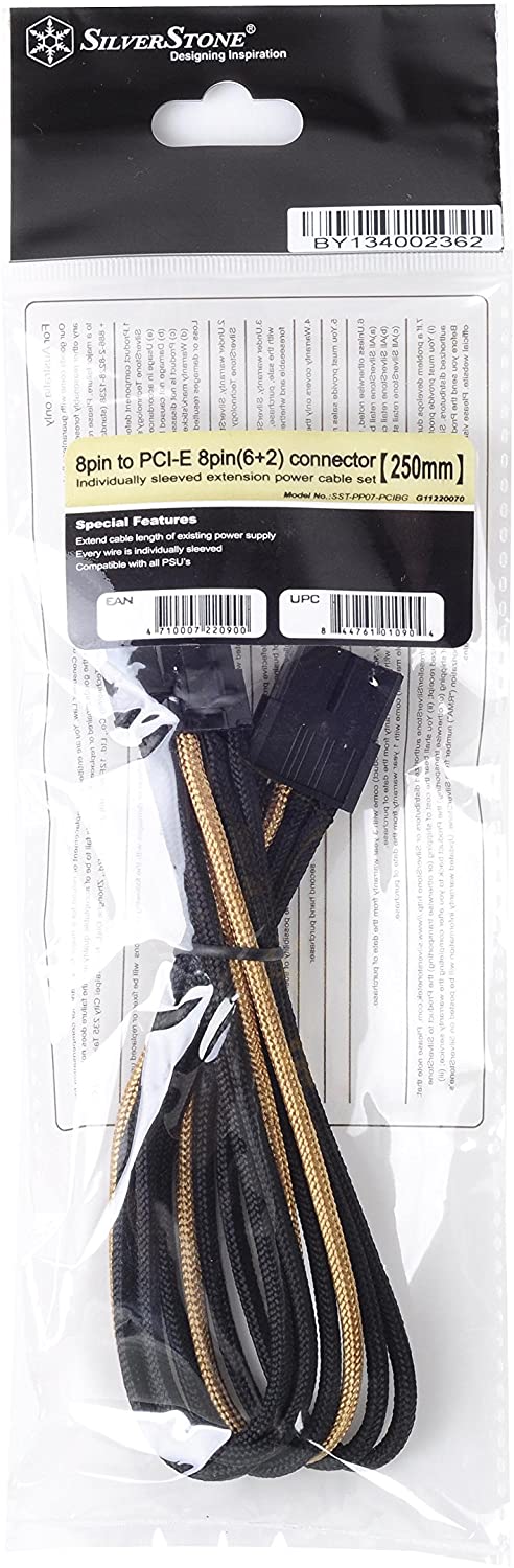 SilverStone SST-PP07-PCIBG - 25cm 8pin to PCI-E 6+2pin Sleeved Extention Cable, black gold, 25 cm - Image 2