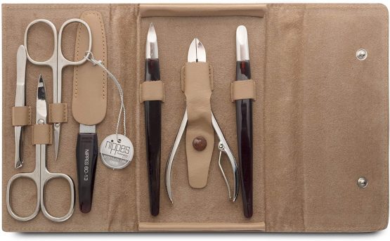 Nippes Solingen Nippes Premium Line Manicure Set 7 Pieces Real Cowhide Leather Case with Press Stud Beige