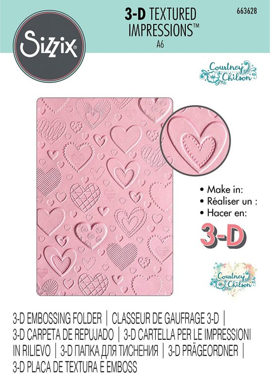 Sizzix 3D Textured Impressions Embossing Folder 663628 Hearts by Courtney Chilson, Paper, Hello Sunshine, One Size