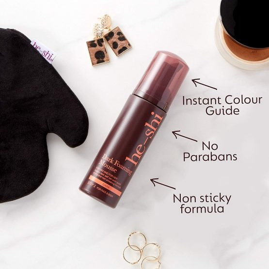 He-Shi Dark Foaming Mousse Instant Self Tanning Mousse – No Fake Tan Smell – Quick Dry and No Streaks Formula – Natural Vegan Formula Containing Glycerine – Body and Face Fake Tan (150ml) - Image 4