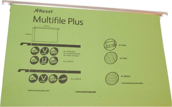 Rexel Foolscap Suspension Files with Tabs and Inserts for Filing Cabinets, 15 mm V-base, 100 Percent Recycled Manilla, Green, Multifile Plus, Pack of 20, 78102