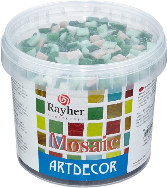 RAYHER Mosaic Tiles Bucket for Arts and Crafts, Glass, Green Shades, 1x1 cm, 1 kg, 1300-Piece