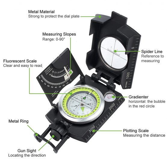 Multifunction Compass Waterproof Navigation Compass Clinometer with Fluorescent Scale Sighting Compass Inclinometer with Bag for Hiking Camping Climbing Exploring Geology Outdoor Activities - Image 2