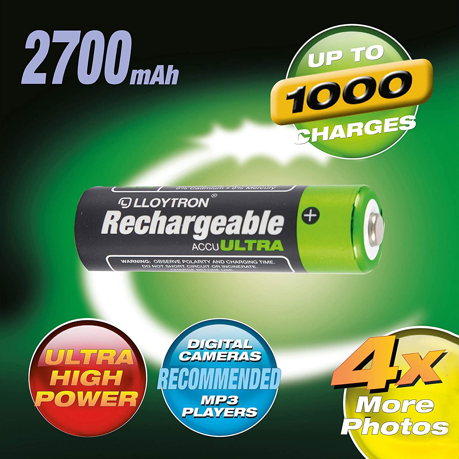 LLOYTRON NiMH Rechargeable AccuUltra Batteries / AA Size / 2700mAh / 4 Pack - B1025, Green, AA 2700mAh (4 Pack) - Image 3