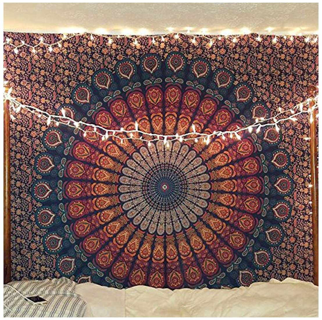 raajsee Indian Cotton Blue Orange Tapestry Mandala Wall Hangings, Boho Throw Bohemian Bedding Queen Bedspread 140X210 CMS