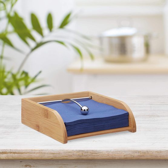 Relaxdays Bamboo Napkin Holder, 33x33 Napkins, Heavy Ball, Flat, Tableware Tissue Stand, Natural - Image 2