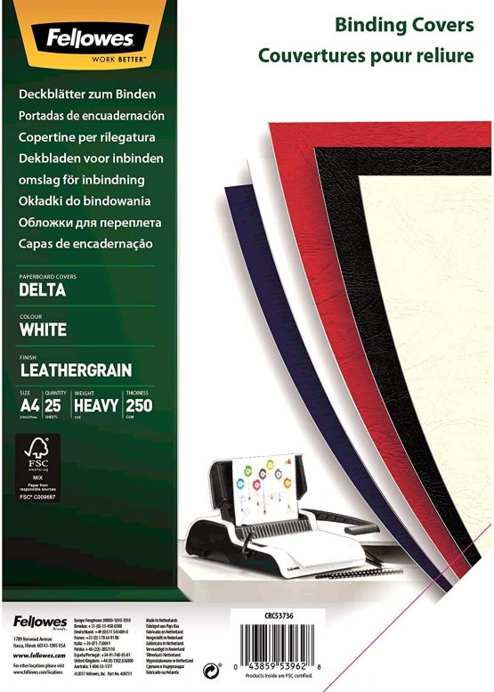 Fellowes A4 100 Percent Recyclable Leatherboard Binding Covers, Heavyweight, 250 gsm Presentation Covers, FSC, White, Pack of 25, 5373602 - Image 2