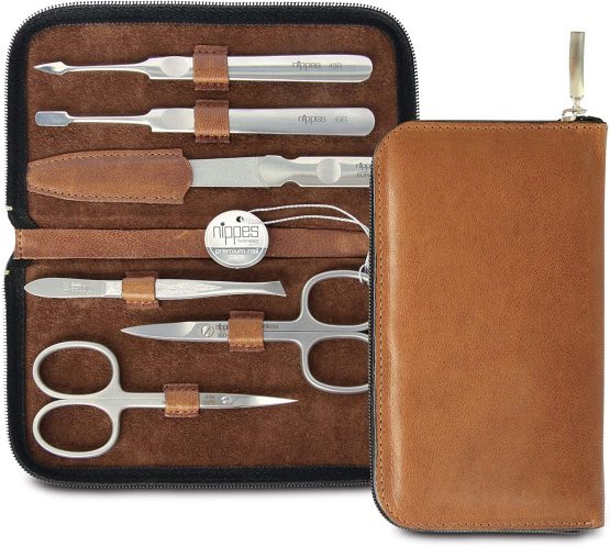 Nippes Solingen Nippes Premium Line Manicure Set 6 Pieces Stainless Steel Rust and Nickel Genuine Cowhide Leather Case with Zip Fastener Brown - Image 2