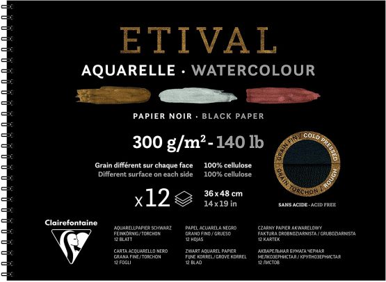 Clairefontaine Etival Cold-Pressed Black Watercolour Wirebound Pad, 36x48cm, 300g, 12 Sheets