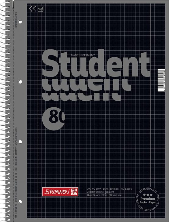 Brunnen 1067928190 Notebook, Student Notepad (Square, A4, line: 28, 90 g/m², 80 Sheets) Black
