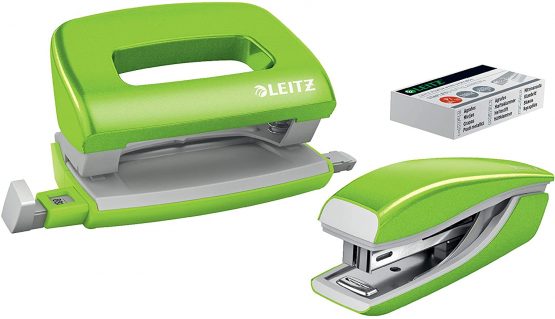 Leitz 55612054 Mini Stapler and Hole Punch Set, Staple or Punch Up to 10 Sheets, Includes P2 No. 10 Staples, WOW Range, Green