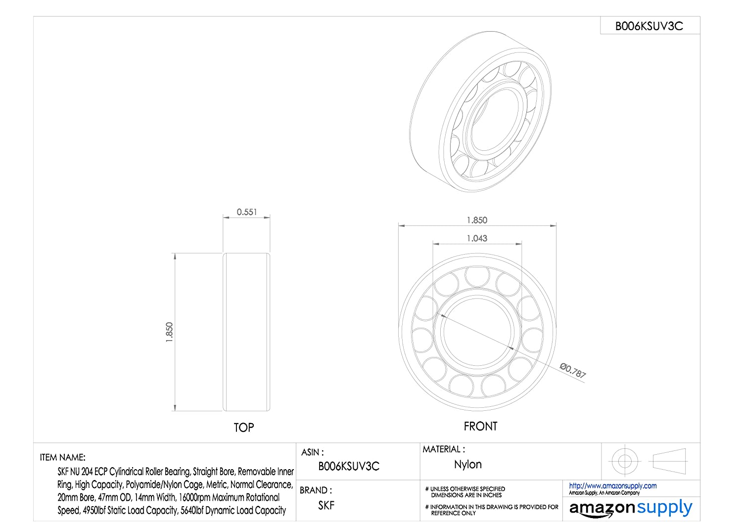 SKF Cylindrical Radial Roller Bearing, 20 ID, Bearing steel - Image 2