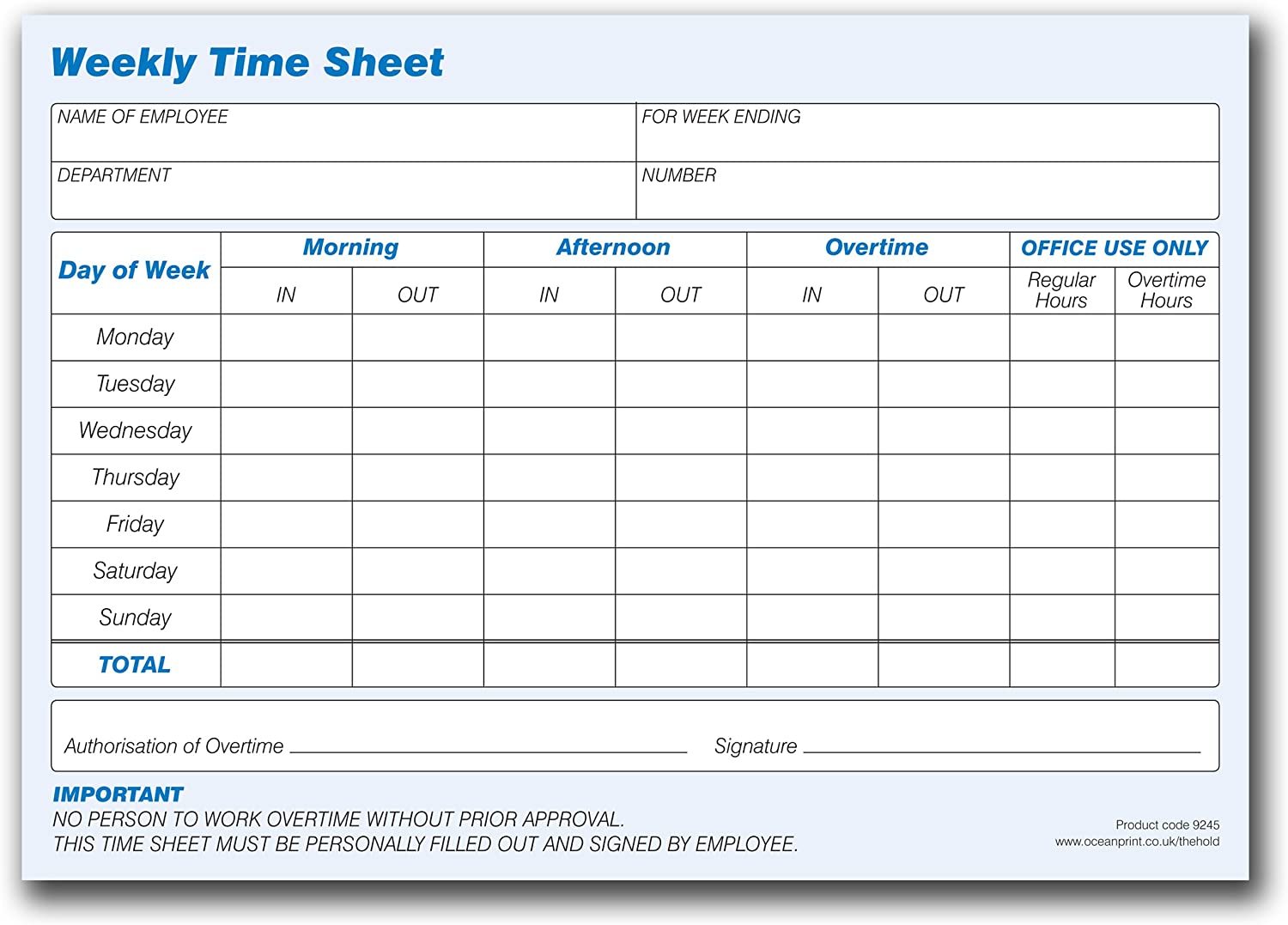 Weekly Employee Timesheet Pad, 1-Part 80gsm Paper (69530)