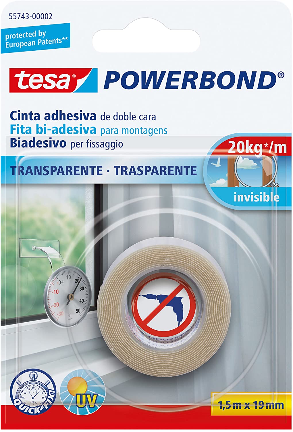 Tesa Powerbond 55743-00002-02 Double Sided Adhesive Tape, Strong, 1.5 m: 19 mm, Transparent, 1,5 m x 19 mm