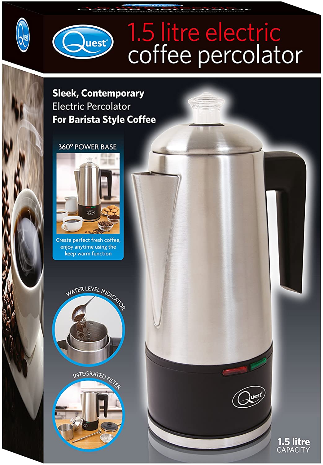 Quest 35200 Electric Coffee Percolator / 1.8L Stainless Steel Filter Coffee Machine / 30-45 Minute Keep Warm Functionality/Removable Filter/Makes Up To 12 Cups At Once / 1100W - Image 3