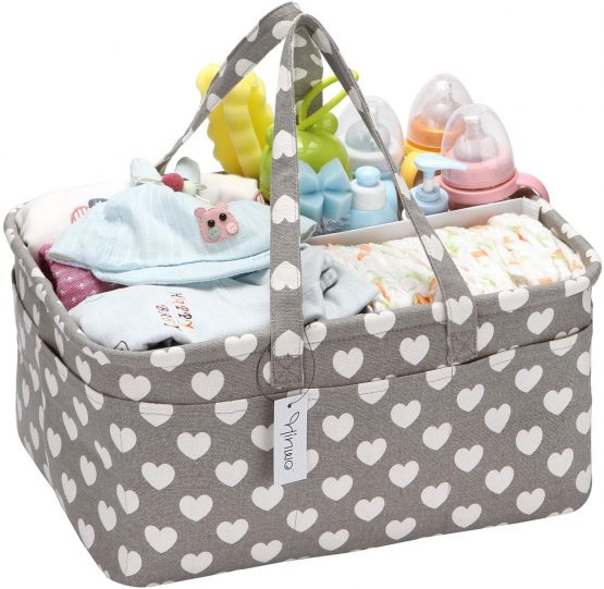 Hinwo Baby Diaper Caddy 3-Compartment Infant Nursery Tote Storage Bin Portable Car Organizer Newborn Shower Gift Basket with Detachable Divider and 10 Invisible Pockets for Diapers & Wipes (Heart)