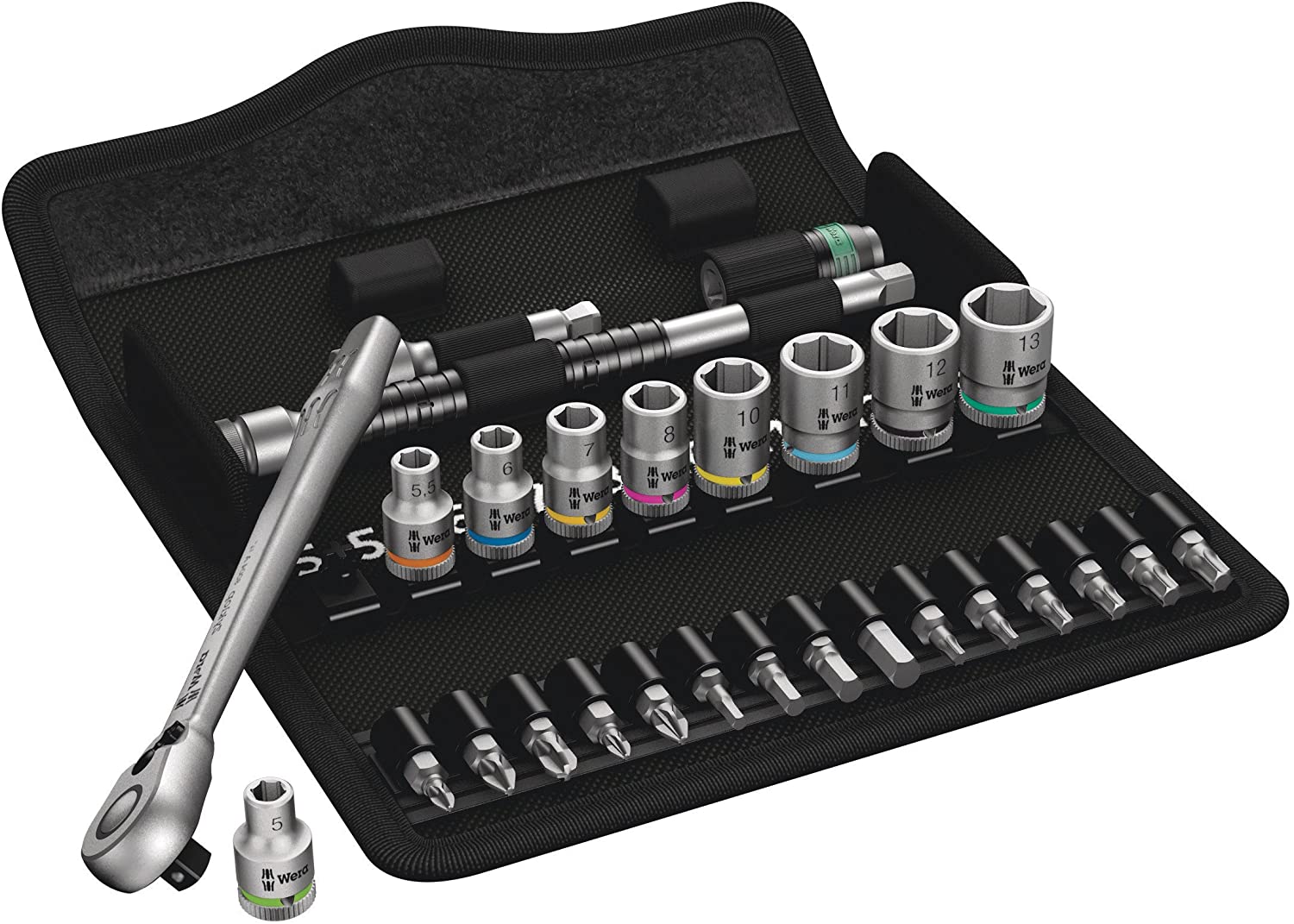 Wera 05004018001 8100 SA 8 Zyklop Metal Ratchet Set including Switch Lever, 1/4" Drive, Metric 28 Pieces, Silver