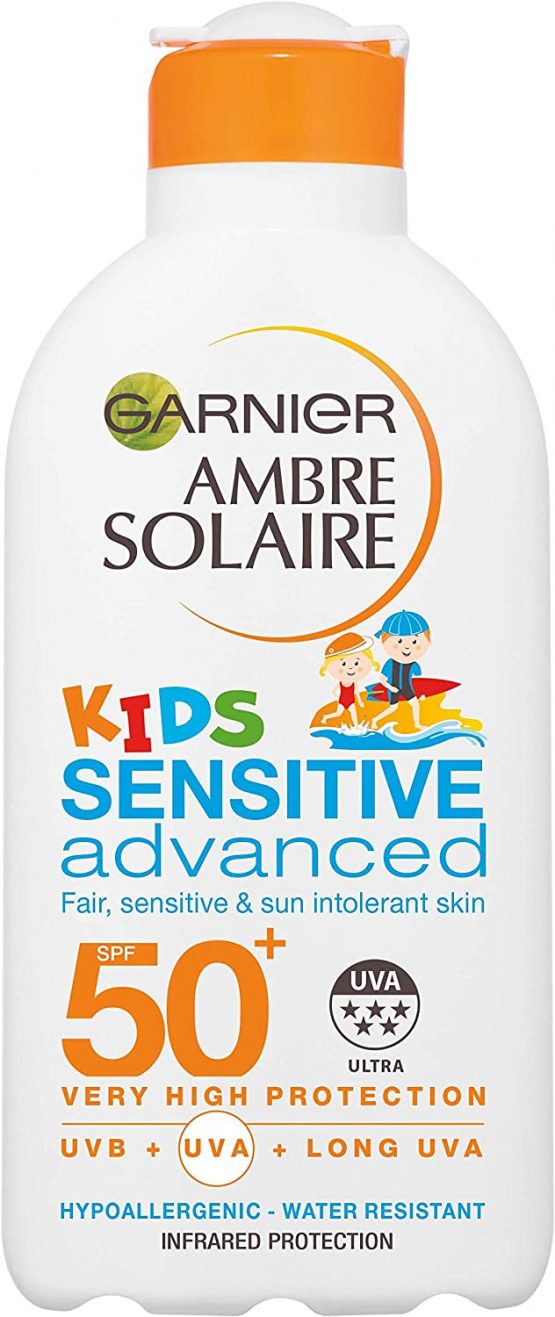 Garnier Ambre Solaire Kids Sensitive Sun Protection Lotion SPF 50+ 200ml, Very High Protection Sunscreen Against UVA & UVB, Moisturising Water Resistant Sun Cream For Face & Body, 5 star UVA Protection