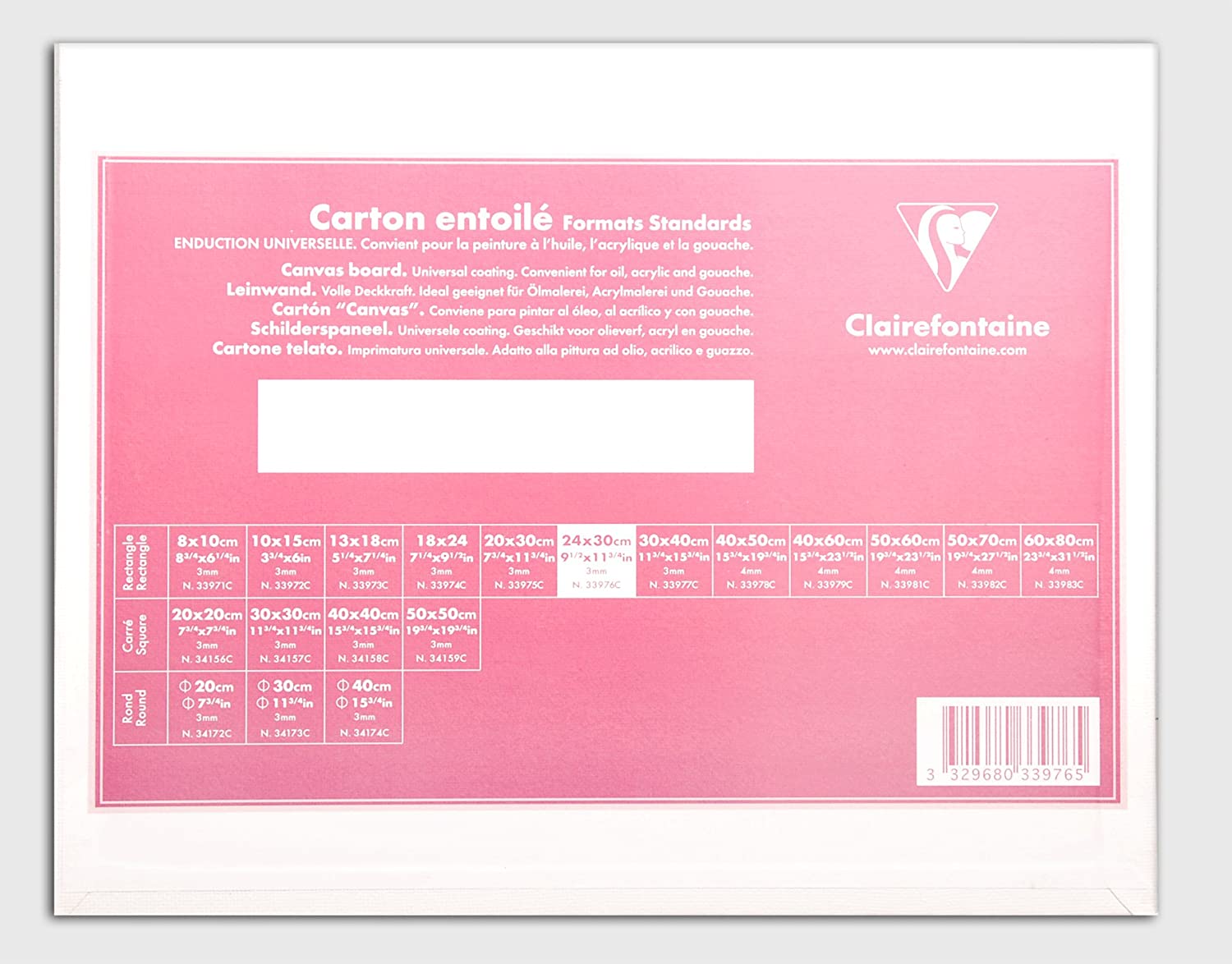 Clairefontaine, Ref 33976C, White Canvas Board (Standard), 24 x 30cm, 3mm Thick, Made from 100% Cotton