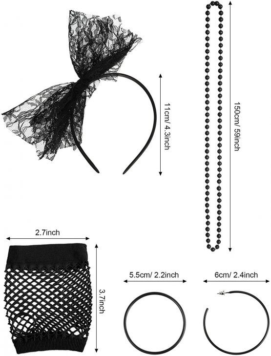80s Fancy Dress Costume Accessories Lace Headband Earrings Fishnet Gloves Necklace Bracelet for 80s Retro Party (Black) - Image 2