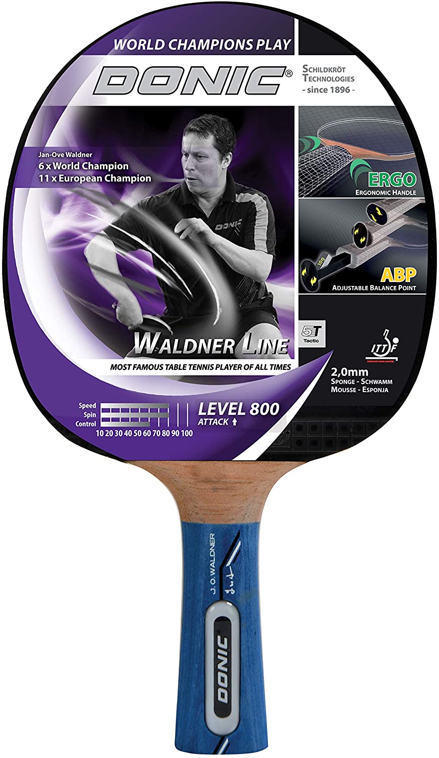 Donic-Schildkröt Waldner 800 Table Tennis Bat, ABP Handle, 2.0 mm Sponge, Vari-Slick Pad - ITTF, 754882 ,Black/Red/Brown,One Size
