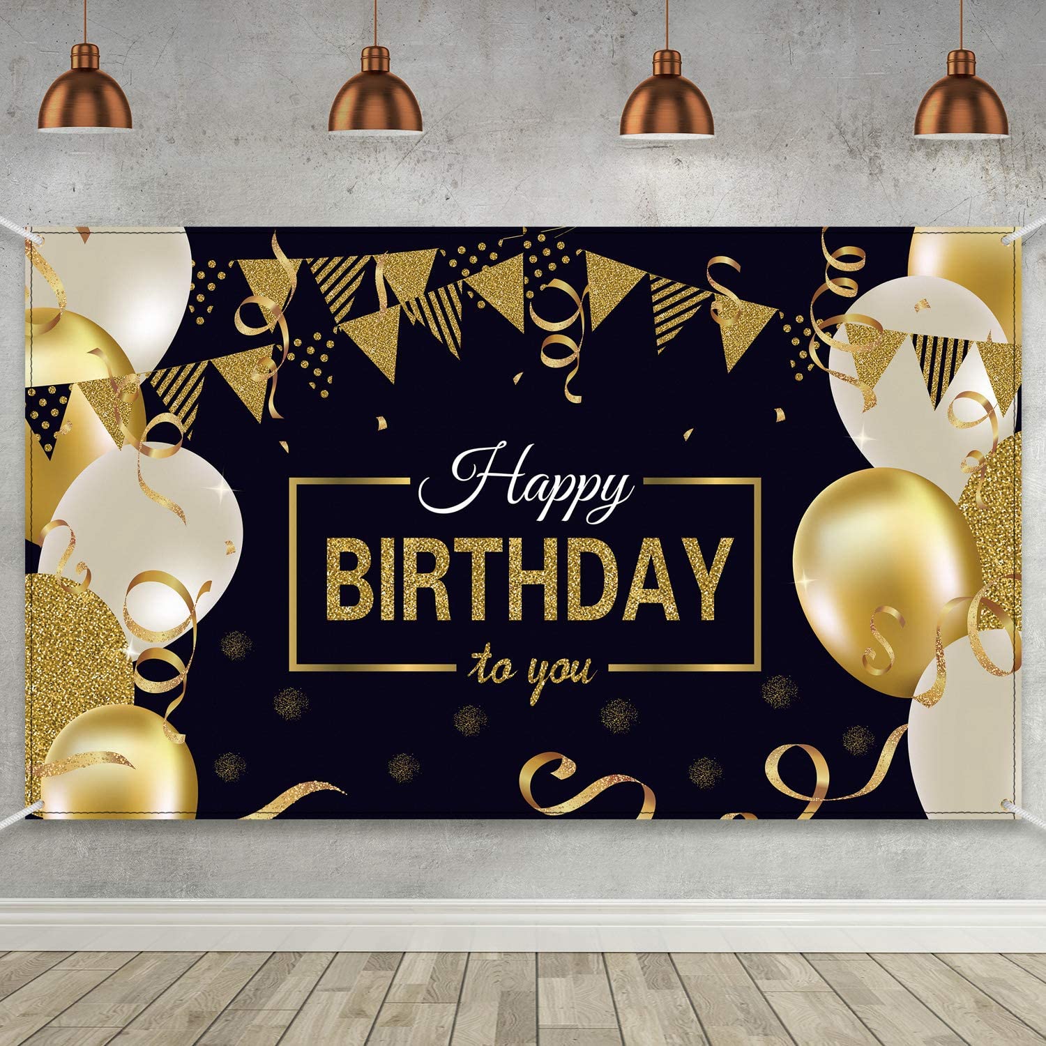 Blulu Happy Birthday Backdrop Banner Extra Large Birthday Sign Poster for Men Women Anniversary Party Photo Booth Backdrop Background Banner Decoration Supplies(Black and Gold)
