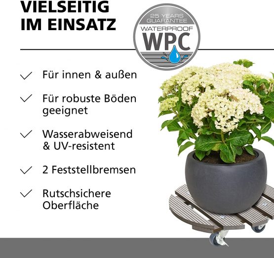 WAGNER Plant trolley WPC Ø 29 x 7 cm I Plant & Flower trolley for indoor + outdoor use I Container trolley made of FSC® wood plastic composite, taupe I 2 breaks I Load capacity 100 kg - 20053601 - Image 3