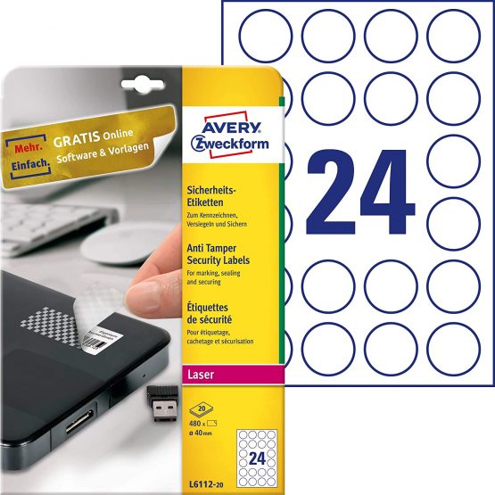 Avery Anti-Tamper Label - Laser - L6112 - Printer Labels (White, Laser, Ø40mm)