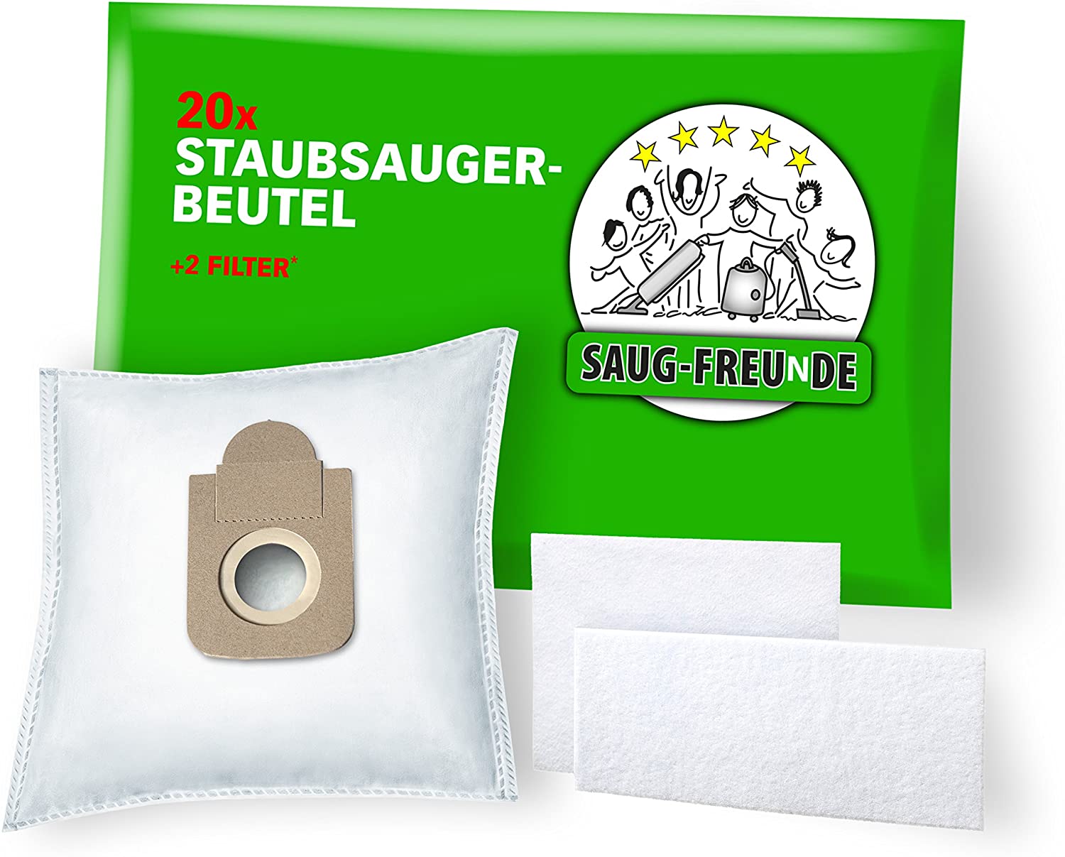 SAUG-FREUnDE 20 Vacuum Cleaner Bags with 1 Motor Protection Filter and 1 Exhaust Air Filter, Microfleece