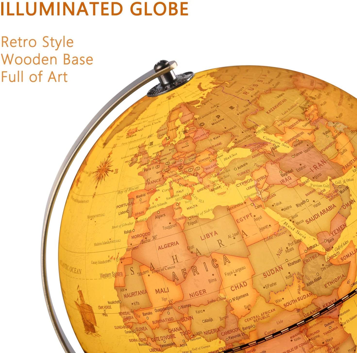 TTKTK Illuminated World Globe for Kids with Wooden Stand,Built in LED for Illuminated Night View Antique Globe lamp for Kids Home Décor and Office Desktop - Image 2
