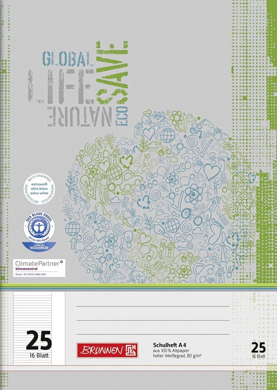 Brunnen 104412501 Exercise Book Recycled A4 (16 Pages Lined with Margin) Type 25
