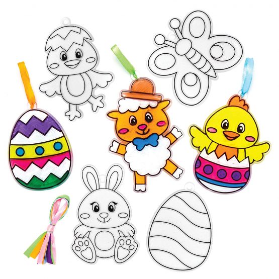 Baker Ross AT515 Easter Suncatcher Ornaments - Pack of 10, Fun Plastic Designs For Children To Colour In And Decorate