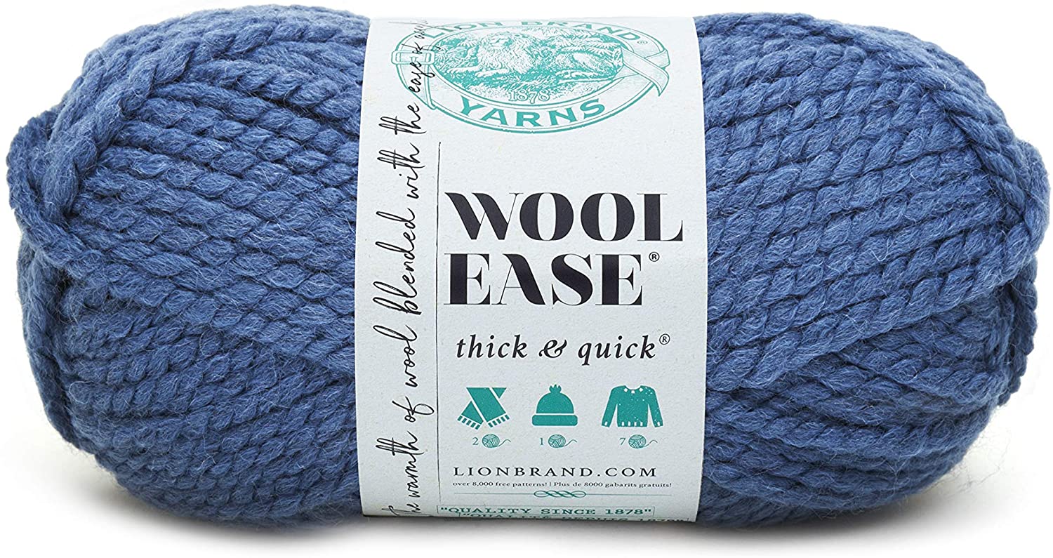 Lion Brand Yarn Wool-Ease Thick & Quick, Super Bulky Wool Blend Yarn for Knitting Crochet, and Crafts, Denim, 1 Pack