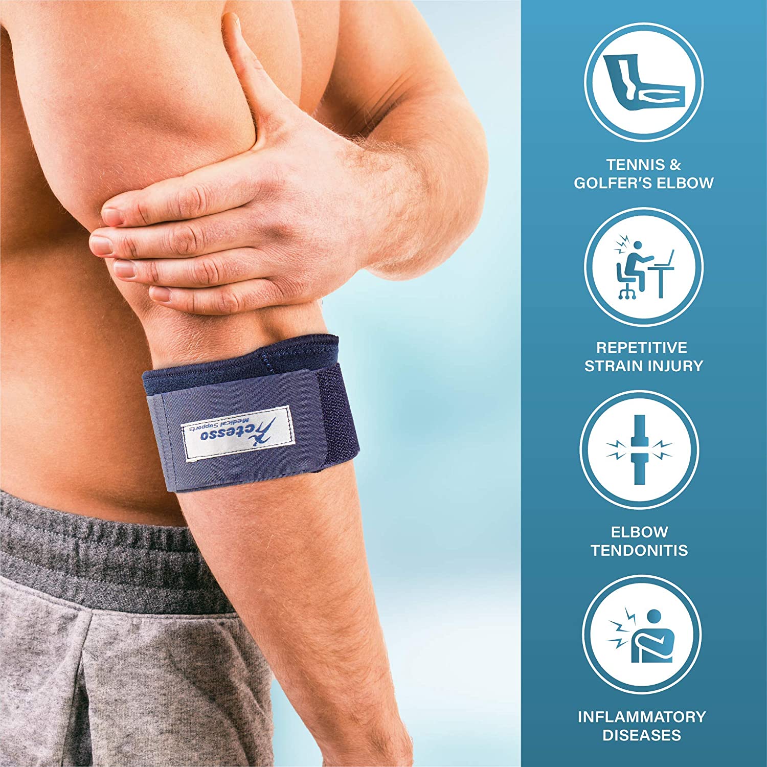 Actesso Blue Tennis Elbow Strap - Epicondylitis Supports to Ease Tendon & Joint Pain (One Size - Left or Right) - Image 4