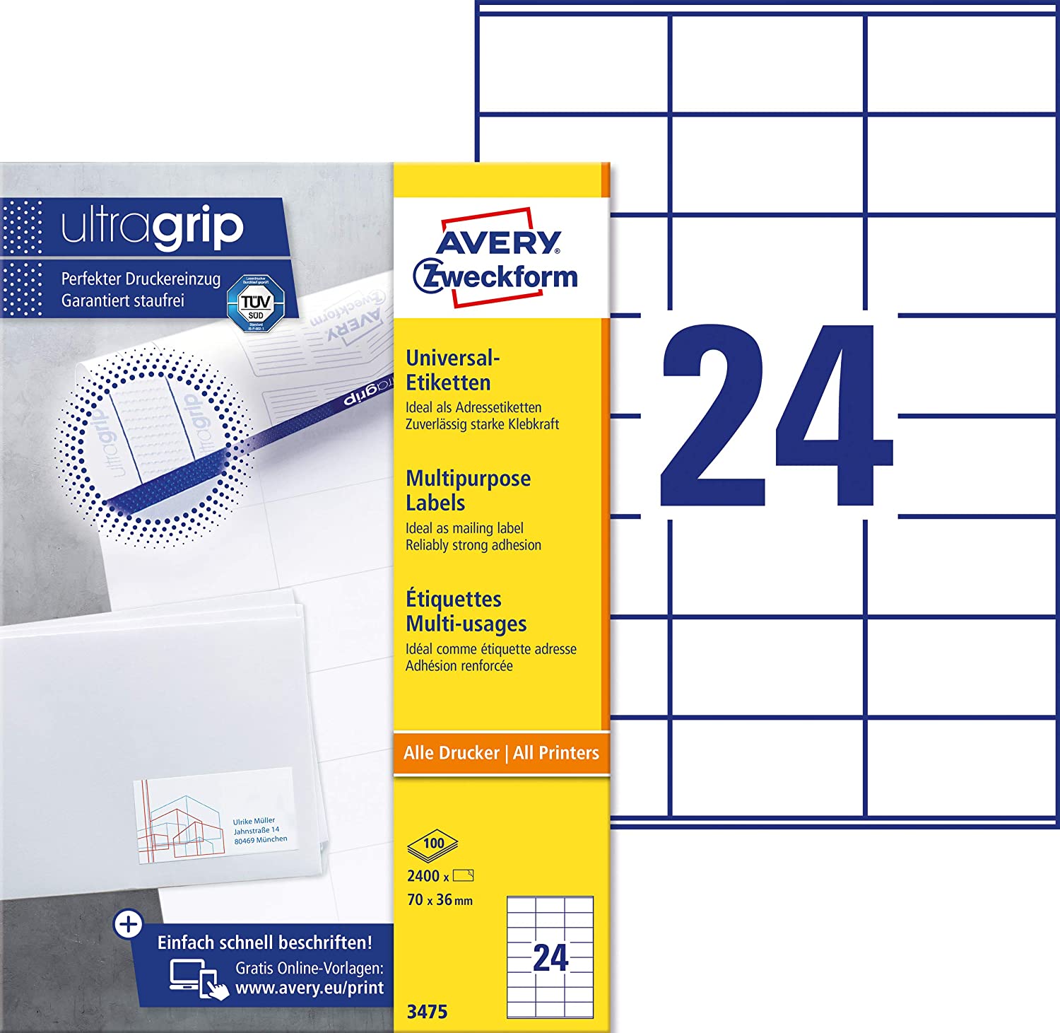 AVERY Zweckform 3475 Address Labels (2,400 Adhesive Labels, 70 x 36 mm on A4, Matte Paper, Printable Sender Labels