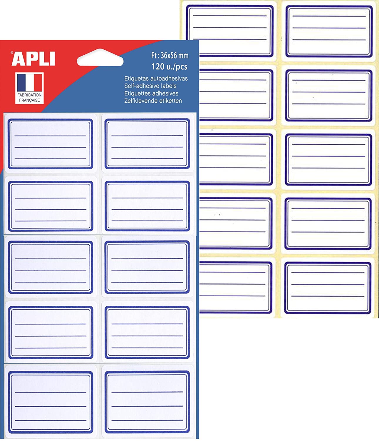 APLI School Labels, 120 labels, 34 x 56 mm, Film Pouch, Blau, 36 x 56 mm