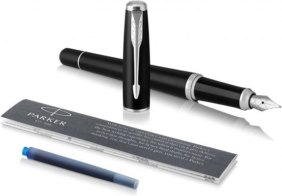 Parker Urban Fountain Pen | Muted Black with Chrome Trim | Fine Nib with Blue Ink | Gift Box