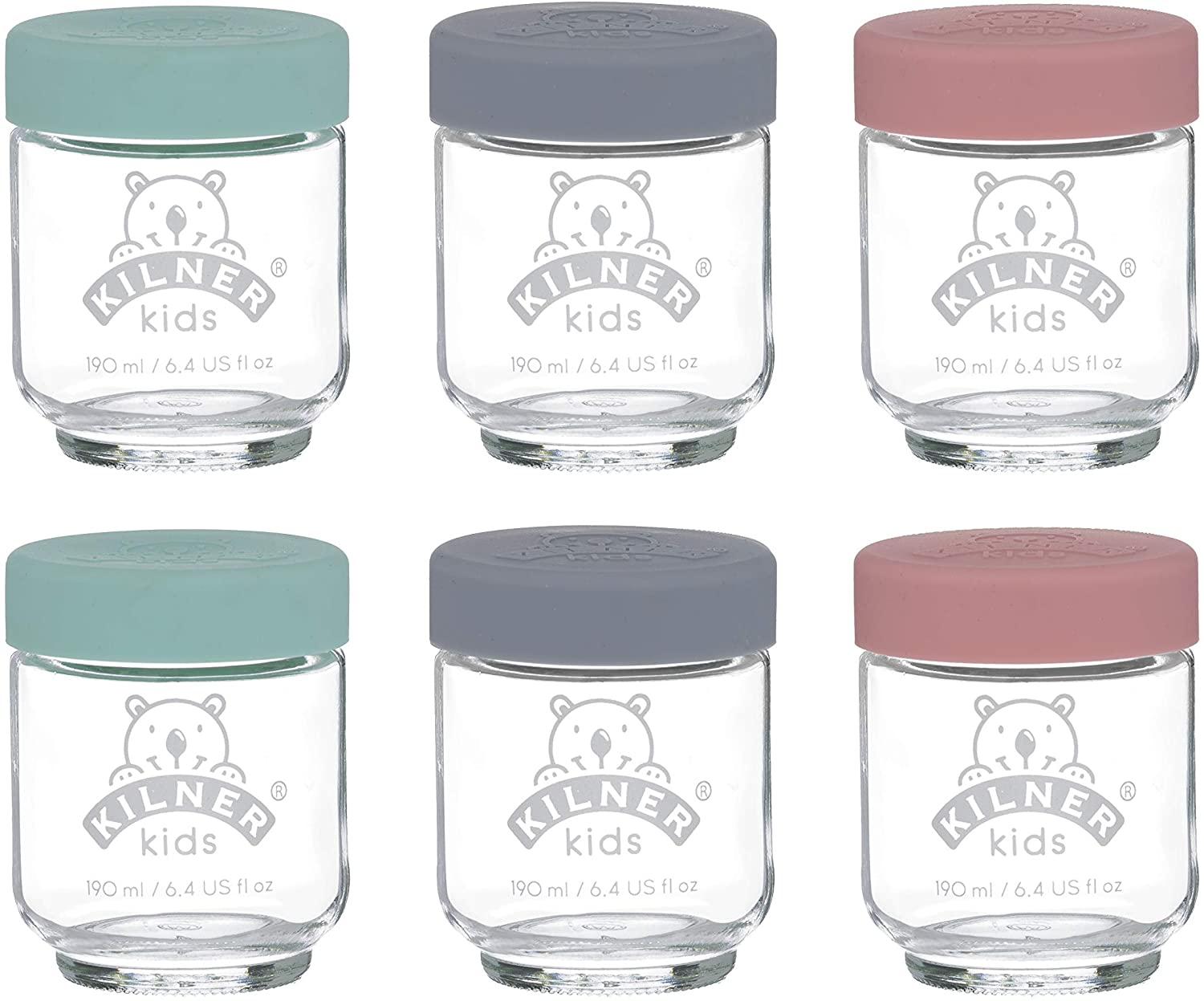 Kilner Kids Glass Baby Food Jars Set of 6 x 190ml Reusable Glass Jars with Airtight Silicone Lids in Purple, Yellow