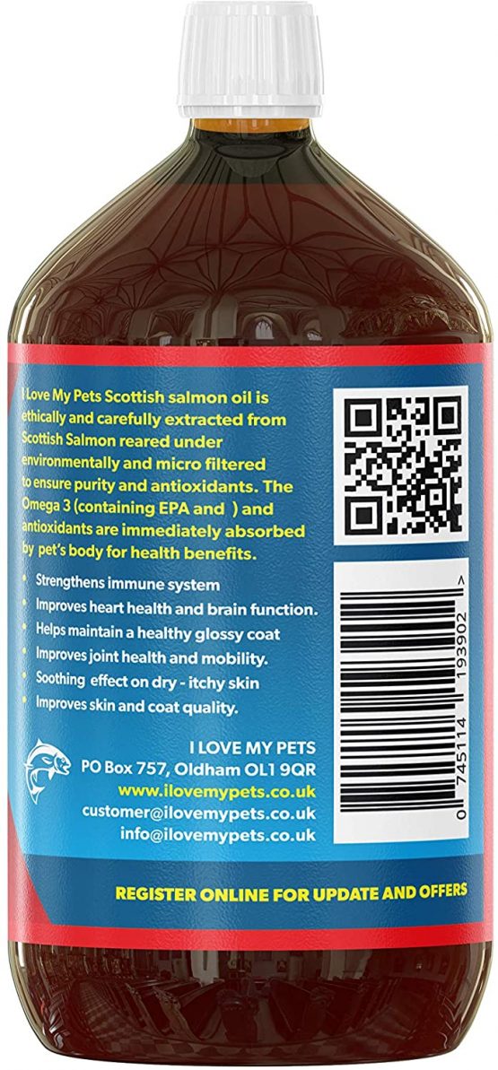 i love my pets SCOTTISH SALMON OIL 1 Litre For Dogs, Cats and Other Animals - 100% Natural Salmon Oil With Omega 3 & 6 - Helps Promote Healthy Skin, Coat, Joints and Brain Function. - Image 2